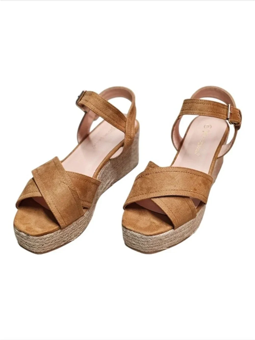 Camel Suede Espadrille Wedge Sandals With Ankle Strap & Buckle Closure For Women